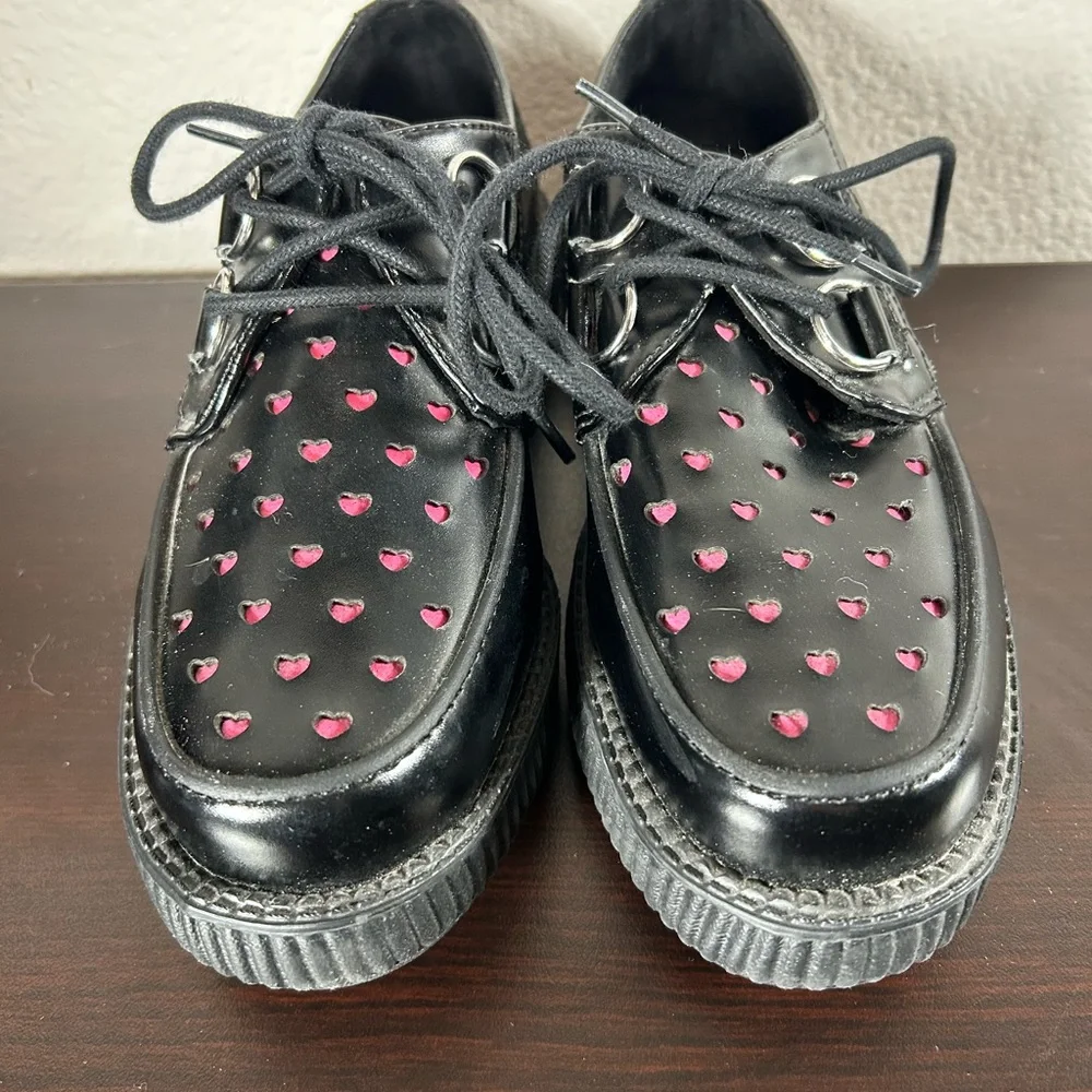 tuk Black Platform Creepers with Pink Heart Cutouts